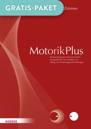 Buchcover „Motorik Plus“ in Rot mit stilisierten Bewegungselementen und Gratis-Paket