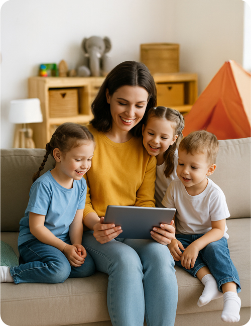 Tagesmutter sitzt mit drei Kindern auf der Couch und schaut auf ein Tablet