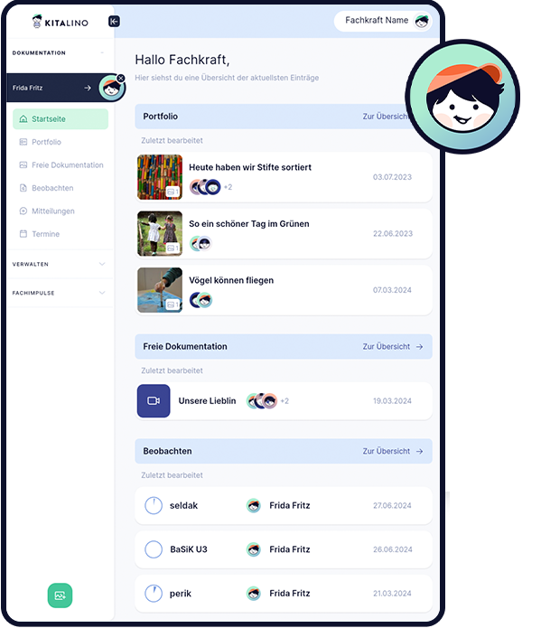 Startseite der KITALINO-App mit Portfolio-, Dokumentations- und Beobachtungseinträgen