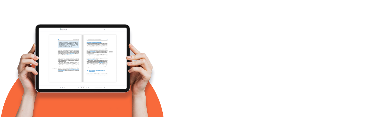 Zwei Hände halten Tablet mit pädagogischem Fachinhalt in eBook-Ansicht