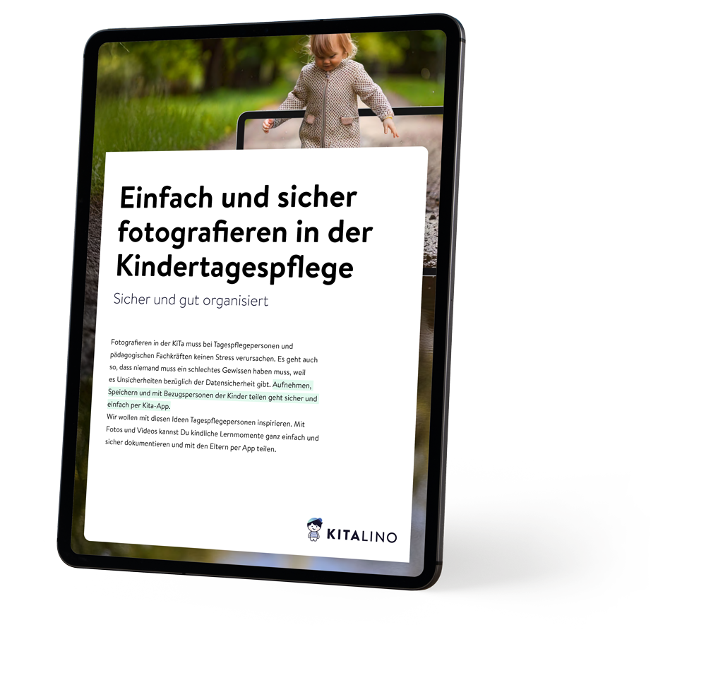 Tablet zeigt KITALINO-App mit Infos zum sicheren Fotografieren in der Kindertagespflege