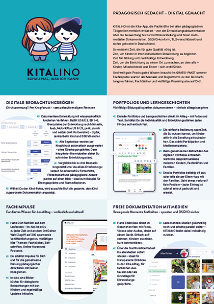 Flyer mit Infos zur KITALINO-App: Beobachtung, Doku, Kommunikation und Medien